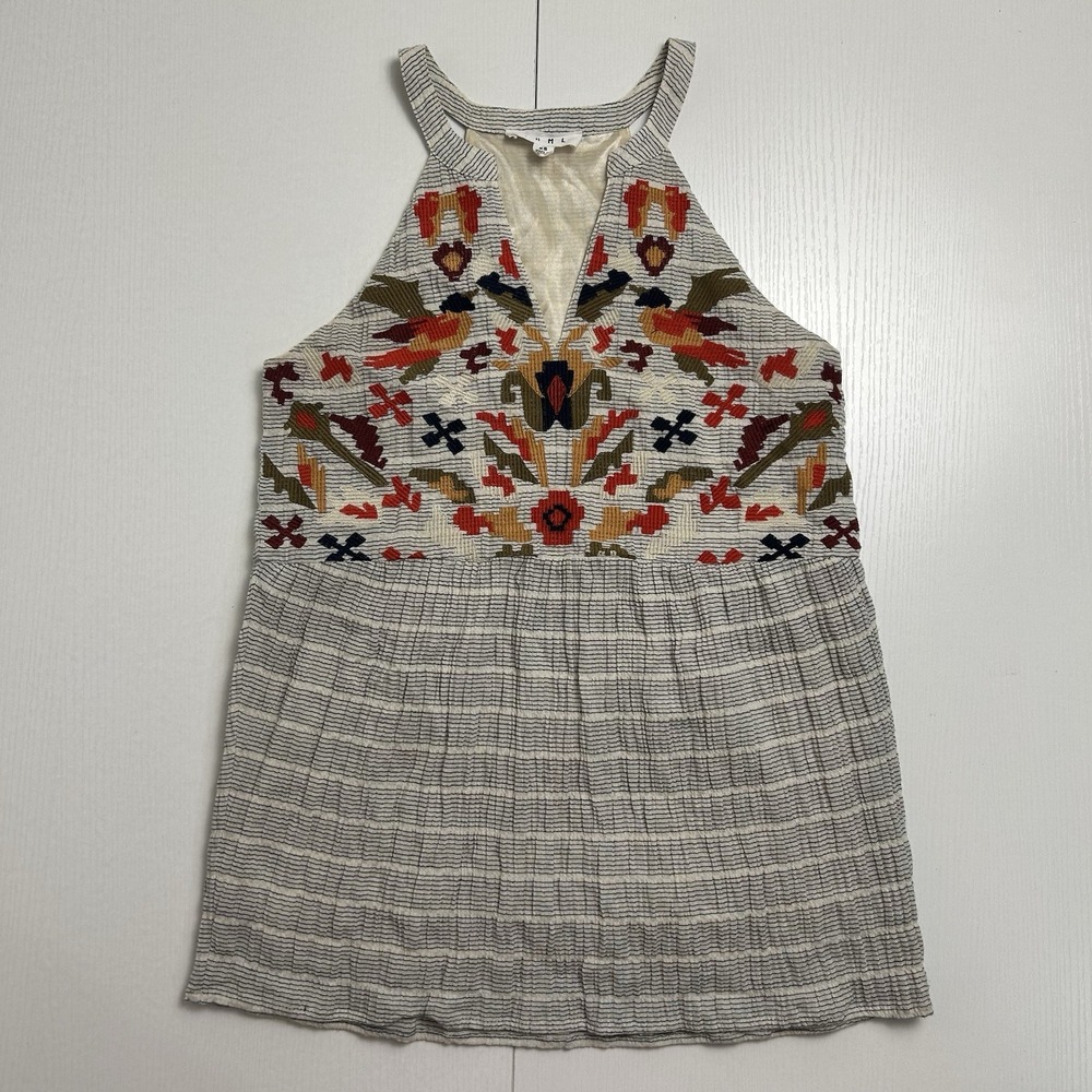 THML Top Womens XS Embroidered Halter V Neck Sleeveless Striped Cotton Boho Bird